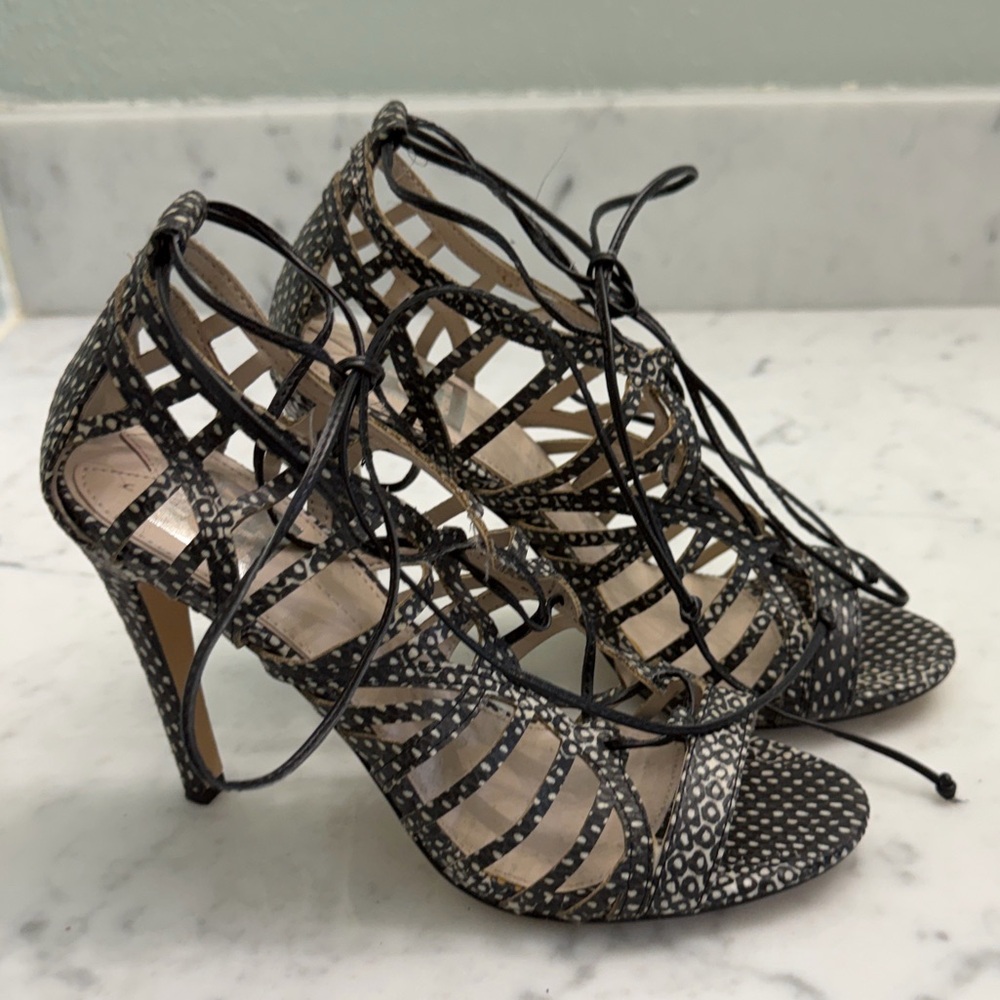 DV by Dolce Vita Black and Cream Lace-Up Cutout High Heel Sandals